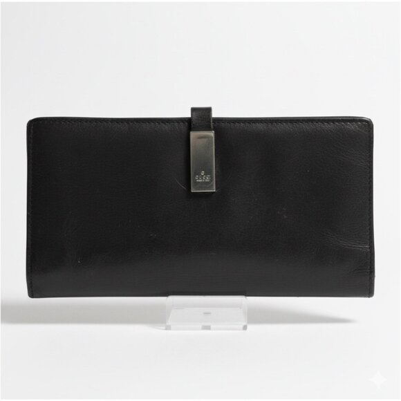 Gucci Vintage 80s Black Leather Long Continental Leather Wallet Silver Snap - Picture 1 of 15